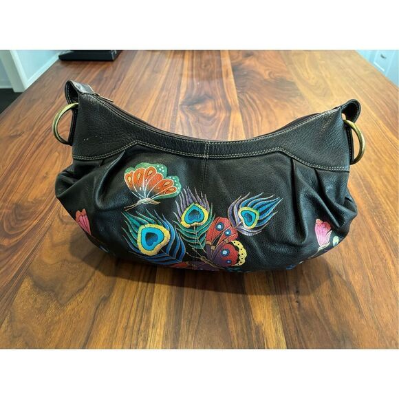 Anuschka Women's Brown Hand Painted Floral Butterfly Print Leather Shoulder Bag - Picture 3 of 8